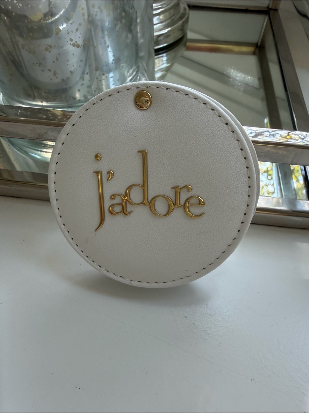 Dior White Leather Round Tag Mirror with Gold 'j'adore' Emblem - Picture 3 of 4